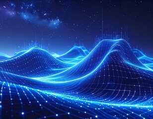 Abstract blue digital landscape with glowing data waves under a starry sky