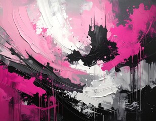 Abstract expressionist artwork, pink, white, and black paint strokes