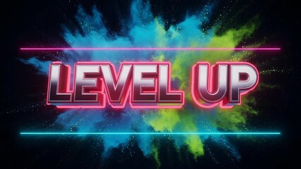 Level up text with neon glow and colorful powder explosion - Powered by Adobe