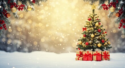Decorated Christmas tree with gifts in snow and festive bokeh background