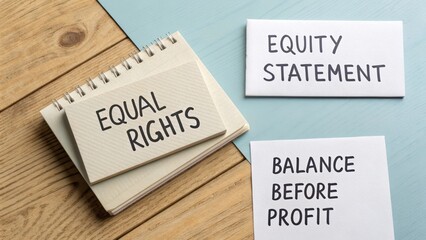 Equal Rights and Equity Statement on Notepad with Balance Before Profit Concept in Modern Workspace Decor