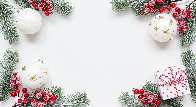 Christmas frame with frosted pine branches, red berries, white ornaments, and gift box on a white background