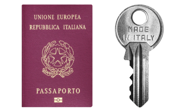 Italian passport next to a metal key engraved “Made in Italy” symbolizing citizenship, identity, access, nationality, and the concept of belonging or opportunity connected to Italy.