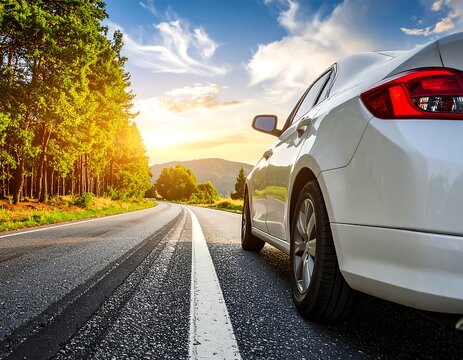 A white vehicle cruises on a paved road toward a sunset-lit horizon
