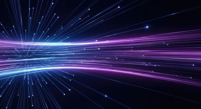A vibrant, abstract digital artwork featuring a blue and purple light trail against a black background.