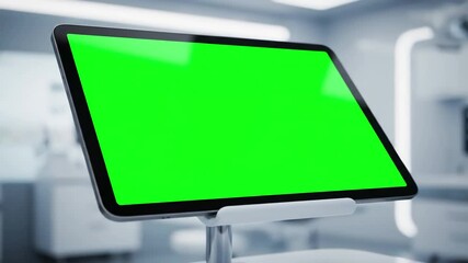 Digital Healthcare Solutions with man holding tablet computer chroma key screen in clinic room close up distortion, green overlay, glitch, static noise, scan lines on black background, 4k animated - Powered by Adobe