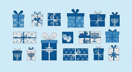 A collection of blue and white Hanukkah gift boxes decorated with Jewish symbols like menorahs and Stars of David.