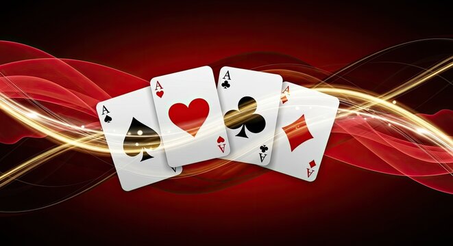 Four aces on a red and gold wave background.