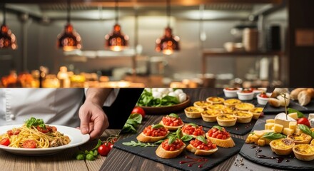 Obraz premium A chef preparing a meal in a restaurant kitchen. The scene is vibrant with various ingredients and dishes.