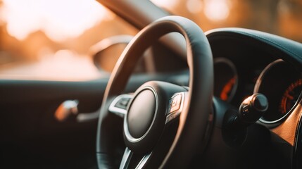 Detailed view of modern car interior showcasing steering wheel and dashboard controls enhancing the driving experience.