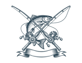 Vintage Fishing Logo with Crossed Rods and Fish | Hand Drawn Angler Emblem | Outdoor Sport Design