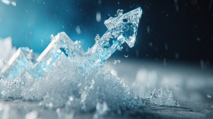 An arrow made of ice rises from snow, illustrating progress or upward movement in a winter landscape. The scene is bright and vivid with a cool atmosphere.