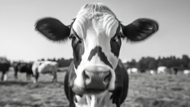 Close-up black and white of a cow licking its nose in a field