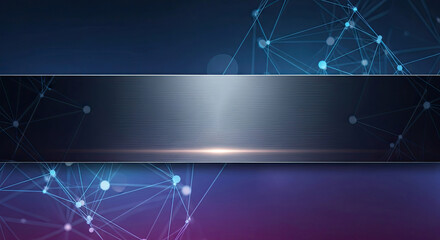 A blue and purple abstract background with a horizontal silver stripe and a network of interconnected dots and lines.