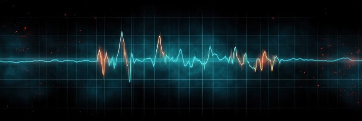 Abstract digital waveform with fluctuating blue and orange glowing lines on a dark grid background emitting a sense of energy and rhythm