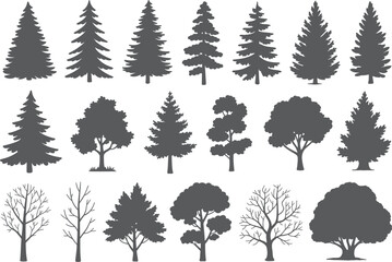 Set of Hand-drawn Tree Silhouettes Vector Illustration Isolate on White Background 