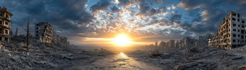 Abandoned destroyed city in apocalyptic wasteland concept. Dramatic sunset over a war-torn urban landscape in ruins.