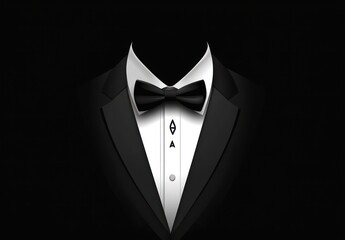 Close-up illustration of a black tuxedo with a white shirt and a black bow tie on a dark background conveying elegance and sophistication