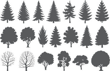 Set of Hand-drawn Tree Silhouettes Vector Illustration Isolate on White Background 
