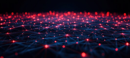 Abstract digital network visualization with interconnected glowing red nodes and blue connecting lines on a dark background symbolizing data flow and connectivity