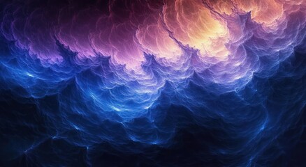 Abstract fractal image resembling turbulent clouds with glowing purple, pink, and blue hues creating a mystical and dynamic atmosphere