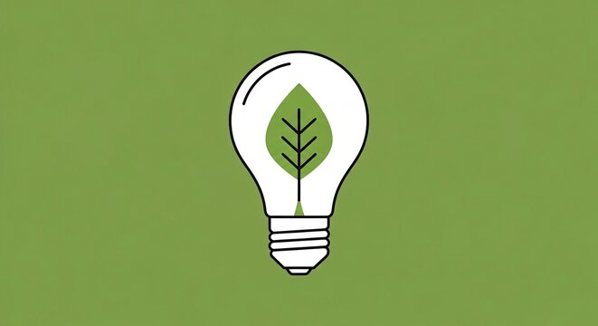 A minimalist illustration of a light bulb containing a green leaf, symbolizing eco-friendly energy and environmental sustainability on a solid green background. - Powered by Adobe