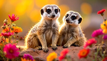 Two meerkat siblings perched atop a rise, framed by wildflowers