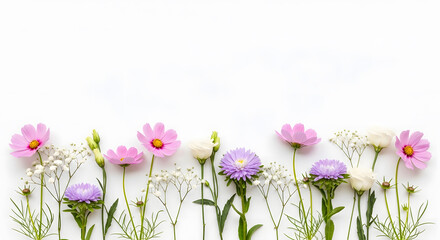 A beautiful arrangement of pink cosmos flowers and purple asters with delicate white baby's breath on a white background.
