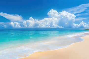 Fototapeta premium Bright sunny beach with gentle waves washing onto golden sand under a vibrant blue sky filled with large fluffy white clouds