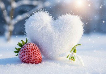 Fluffy white heart and strawberry in snowy winter landscape with soft sunlight