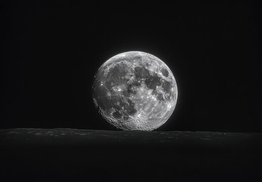 Detailed view of the bright full moon rising above a dark cratered lunar surface against a black sky, evoking calm and wonder