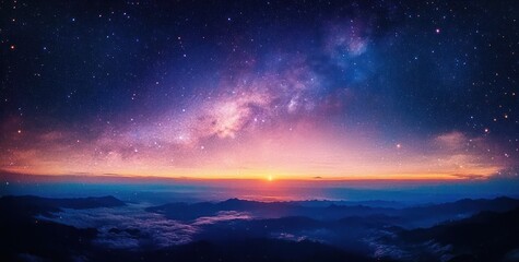 Panoramic view of a mountain range at sunrise with a colorful sky filled with stars and the Milky Way galaxy above a layer of clouds