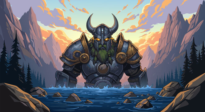 Majestic Giant Viking Warrior Emerging from a Mystical Lake Surrounded by Mountains at Dawn