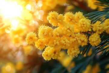 Close-up of vibrant yellow fluffy flowers on green stems with warm sunlight creating a glowing, bright and cheerful atmosphere
