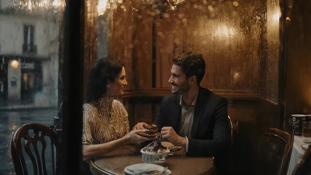 Romantic couple sharing dessert in cozy cafe on a rainy day, creating an intimate and memorable moment, perfect for love stories and travel ads