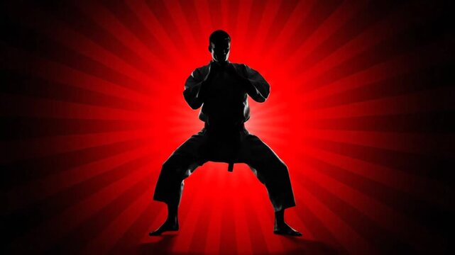 Dynamic Karate Silhouette: Martial Arts Kicks and Stances on Red Burst Background