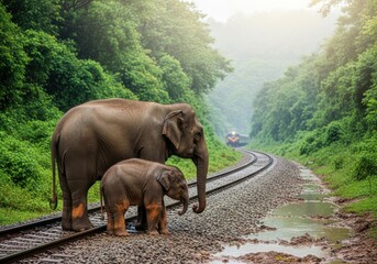 Majestic mother and baby elephant walk along a railway track in a lush green forest
