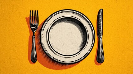 Elevate your brand with this stylish table setting featuring a plate, fork, and knife on a vibrant yellow background, perfect for restaurant ads and food blog designs.