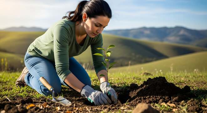 Woman planting young tree in soil on sunny hillside in spring  