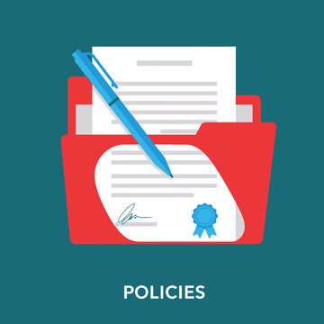 Vector illustration of red folder containing documents with a pen on top, representing policies and procedures, set against a teal background, flat vector design