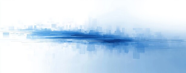 Abstract digital composition with horizontal blue rectangular blocks fading into white background creating a sense of calm and futuristic atmosphere