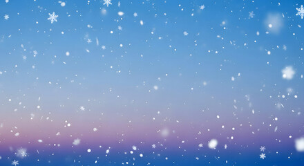 Gentle snowflakes falling gracefully against a serene blue and purple twilight sky.
