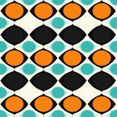 Repeating geometric pattern of overlapping eye-shaped ovals in orange, black, turquoise, and white creating a vibrant retro design