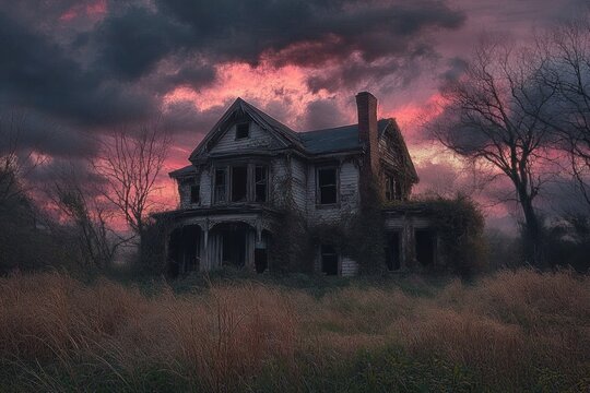 Abandoned old wooden house covered in vines surrounded by tall dry grass and leafless trees under a dramatic purple and pink cloudy sky at dusk - Powered by Adobe
