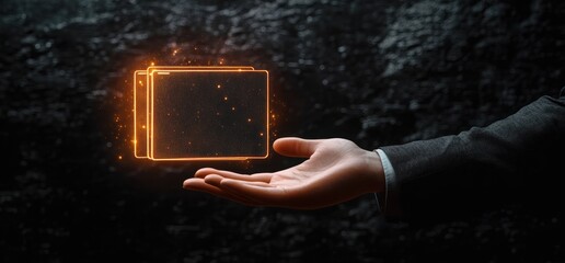 Businessman's hand presenting glowing futuristic digital interface with folder icons in dark environment symbolizing data management and technology innovation