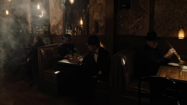 Immersive jazz club ambiance with smoky atmosphere, live saxophone and upright bass performance, patrons enjoying drinks and conversation in a vintage setting.