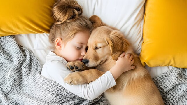 Little girl sleeping and hugging a golden retriever puppy in bed