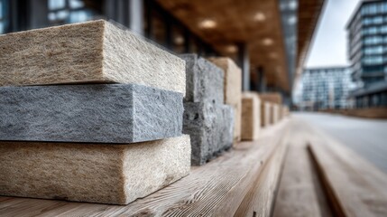 Sustainable insulation materials displayed outdoors in a modern urban setting showcase eco-friendly building solutions and innovative architectural design for green construction projects