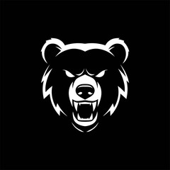 A fierce white bear head with open mouth and angry expression against black background.