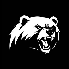 A fierce, white bear head with open mouth and snarling expression against a black background.